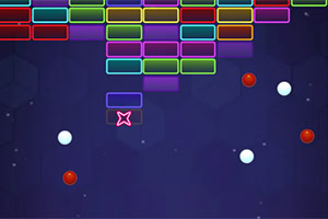 다양한 색상의 직사각형 블록과 빨간색, 흰색의 공들이 있는 공간 테마의 그래픽