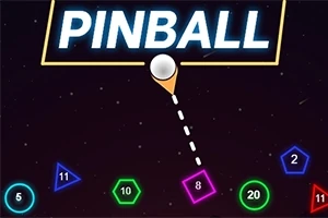 PINBALL이라는 글자 아래 하얀 공이 다양한 색상의 숫자 블록을 향해 발사 준비 중인 화면