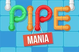 색색의 파이프로 구성된 PIPE 글자와 빨간색 MANIA 표지판이 청색 배경 위에 배치된 이미지