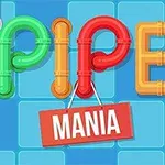 색색의 파이프로 구성된 PIPE 글자와 빨간색 MANIA 표지판이 청색 배경 위에 배치된 이미지