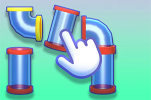 파란색과 빨간색 테두리의 투명한 파이프 조각들이 손가락 모양의 커서로 조립되고 있는 모습