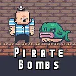 줄무늬 셔츠를 입은 해적과 녹색 물고기가 벽돌 바닥 위에 있는 픽셀 아트 이미지