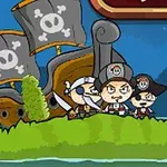 해적 깃발이 달린 배와 초원 위에 있는 세 명의 만화 스타일 해적 캐릭터