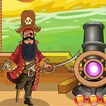 해적 복장을 한 남자가 대포 옆에 서 있는 모습