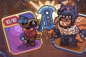 해적 모자를 쓴 작은 캐릭터와 커다란 늑대 인간 캐릭터가 대치하고 있는 모습