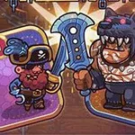 해적 모자를 쓴 작은 캐릭터와 커다란 늑대 인간 캐릭터가 대치하고 있는 모습