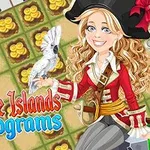 해적 복장을 한 여성이 새를 어깨에 올리고 있는 모습과 숫자 퍼즐 배경