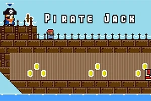 커다란 갈색 해적선과 함께 PIRATE JACK라는 텍스트가 있는 픽셀 아트 이미지