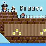 커다란 갈색 해적선과 함께 PIRATE JACK라는 텍스트가 있는 픽셀 아트 이미지