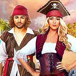 두 명의 해적 복장을 한 남녀가 해변의 열대 배경 앞에 서 있는 모습