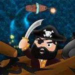 해적 모자를 쓴 해적이 칼을 들고 포탄이 날아오는 배 위에 있다