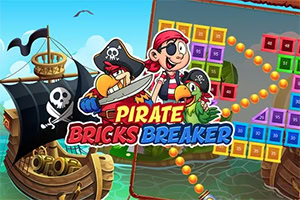 해적 만화 캐릭터와 함께 해적선 및 컬러풀한 블록 퍼즐 이미지