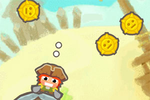 해적 모자를 쓴 캐릭터가 황금 동전들 사이에 있는 장면