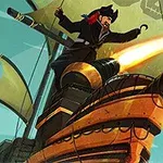 해적이 대포 위에서 배를 지휘하는 모습