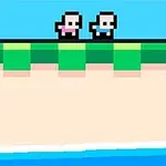 파란 하늘 아래 녹색과 분홍색 블록으로 구성된 플랫폼 위에 두 명의 픽셀 아트 캐릭터가 서 있다