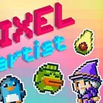 픽셀 스타일의 아티스트와 여러 캐릭터, 아보카도와 강아지 등이 있는 다채로운 이미지
