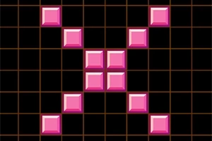 검은 바둑판 배경 위에 분홍색 사각형 블록들이 X 모양으로 배열되어 있습니다