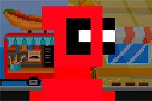 빨간색 복장을 입은 픽셀 캐릭터가 핫도그 푸드트럭 앞에 서 있는 장면