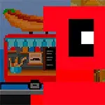 빨간색 복장을 입은 픽셀 캐릭터가 핫도그 푸드트럭 앞에 서 있는 장면