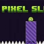 초록색 픽셀 슬라임이 보라색 기둥 위에 있고 그 아래엔 하얀 가시들이 있는 이미지