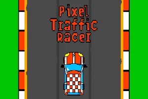 픽셀 스타일의 도로 위에 체크무늬 자동차와 Pixel Traffic Racer라는 글자가 있는 이미지