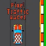 픽셀 스타일의 도로 위에 체크무늬 자동차와 Pixel Traffic Racer라는 글자가 있는 이미지