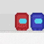 빨간색과 파란색의 픽셀 아트 캐릭터 두 명이 하얀 바닥 위에 서 있는 모습