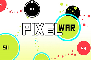중앙에 PIXEL WAR라는 텍스트가 있고 주변에 다양한 크기의 빨간색, 녹색 원들이 있으며, 일부 원 안에는 숫자가 표시되어 있다