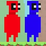 빨간색과 파란색의 픽셀 캐릭터가 나란히 서 있는 장면
