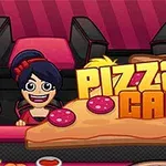 피자 조각과 함께 만화 스타일의 인물들이 등장하는 피자 카페라는 문구가 있는 이미지