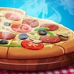 나무 판 위에 놓인 김이 나는 피자 한 조각이 들어 올려져 있고, 피자에는 토마토, 올리브, 양송이버섯, 피망, 페퍼로니가 올라가 있다