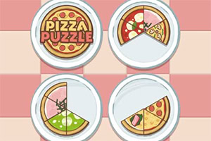 피자 조각이 놓인 네 개의 접시와 PIZZA PUZZLE라는 글자가 있는 이미지