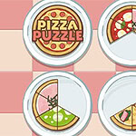 피자 조각이 놓인 네 개의 접시와 PIZZA PUZZLE라는 글자가 있는 이미지