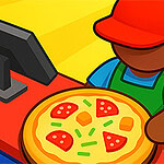 피자를 손에 들고 있는 인물과 계산대가 있는 밝고 그래픽적인 이미지