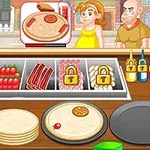 피자 재료가 진열된 조리대와 그 앞에 서 있는 사람들 모습