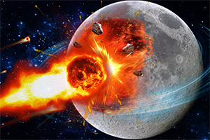 거대한 운석이 달에 충돌하여 폭발하는 장면