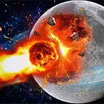 거대한 운석이 달에 충돌하여 폭발하는 장면