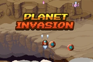 픽셀 아트 스타일의 황량한 행성 배경 위로 PLANET INVASION이라는 텍스트와 비행 물체들이 배치되어 있습니다