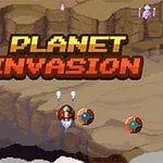 픽셀 아트 스타일의 황량한 행성 배경 위로 PLANET INVASION이라는 텍스트와 비행 물체들이 배치되어 있습니다