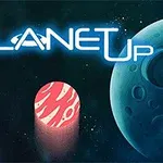 우주 배경에 두 개의 행성과 중앙에 빨간색 원통 형태가 있으며, 상단에 PLANET UP이라는 텍스트가 있다