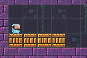 파란색 우주복을 입은 캐릭터가 노란 상자 위에 서 있는 픽셀 아트 이미지