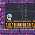 파란색 우주복을 입은 캐릭터가 노란 상자 위에 서 있는 픽셀 아트 이미지