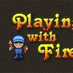 검은 배경 위에 Playing with Fire 2라는 텍스트와 파란 옷을 입은 캐릭터가 성냥과 폭탄을 들고 있는 이미지