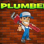 파란 모자와 멜빵 바지를 입은 캐릭터가 커다란 빨간 몽키 스패너를 들고 있는 모습, 벽돌 배경