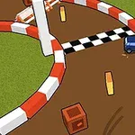 카트가 작은 서킷 트랙 위를 달리며 바리케이드와 장애물을 지나가는 장면