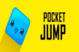 파란색 입체 캐릭터와 POCKET JUMP 글자가 노란 배경 위에 있는 이미지