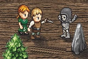 두 명의 캐릭터가 해골 모양의 적과 마주하고 있으며, 주변에 나무와 바위가 있는 픽셀 아트 스타일의 장면