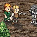 두 명의 캐릭터가 해골 모양의 적과 마주하고 있으며, 주변에 나무와 바위가 있는 픽셀 아트 스타일의 장면