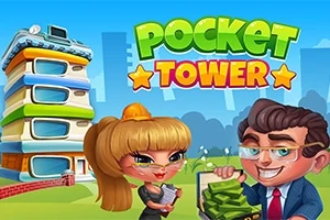 만화 스타일의 여성과 남성이 서 있으며, 뒤에는 색색의 건물이 있고 POCKET TOWER라는 글자가 상단에 있는 이미지