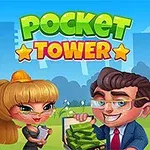 만화 스타일의 여성과 남성이 서 있으며, 뒤에는 색색의 건물이 있고 POCKET TOWER라는 글자가 상단에 있는 이미지